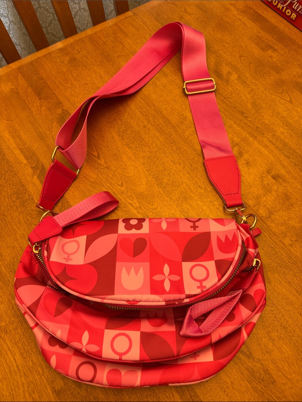 Pink Graphic Pattern Crossbody Bag with Wide Strap
